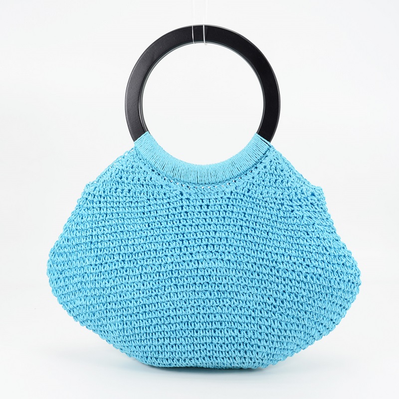 Wood handle straw handbag - Sky Blue