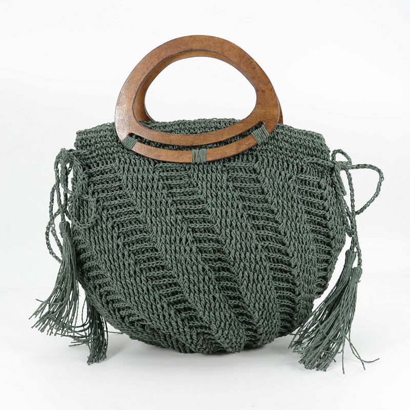Wood handle straw handbag - New Pattern