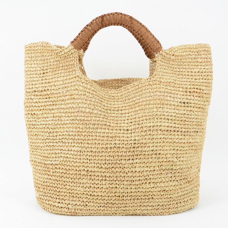 Leather Trimmed Handles Small Raffia Tote
