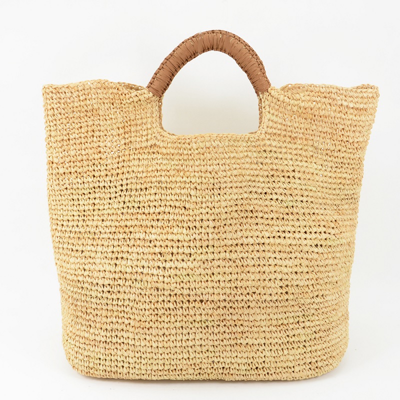 Leather Trimmed Handles Large Raffia Tote