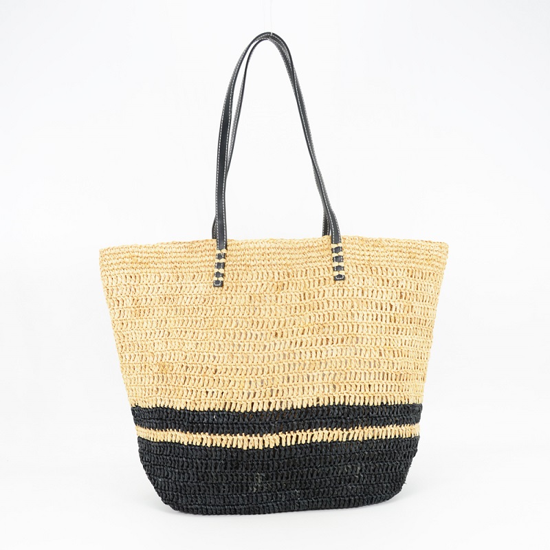 Raffia straw beach tote bag with leather handles