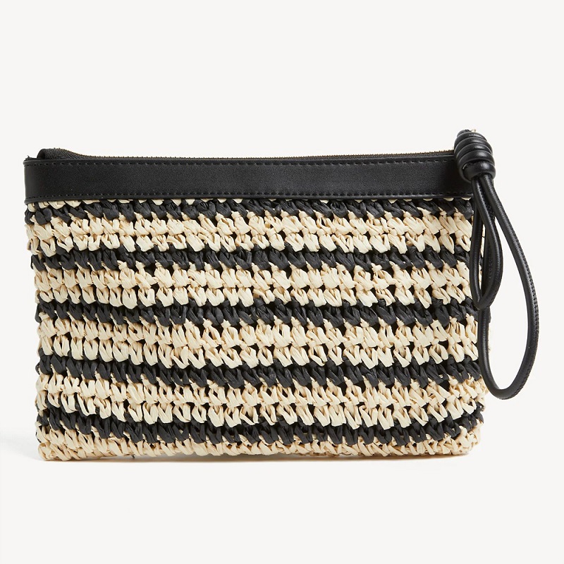 Straw Striped Raffia Clutch in black and beige