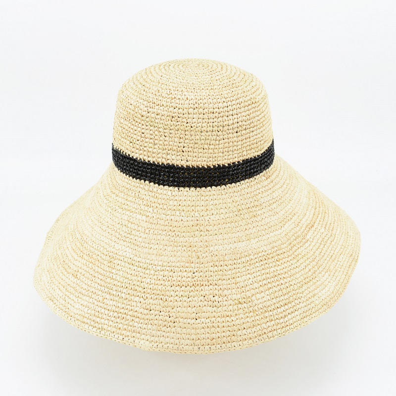 Wide Brim Raffia Bucket Hat-Natural and Black