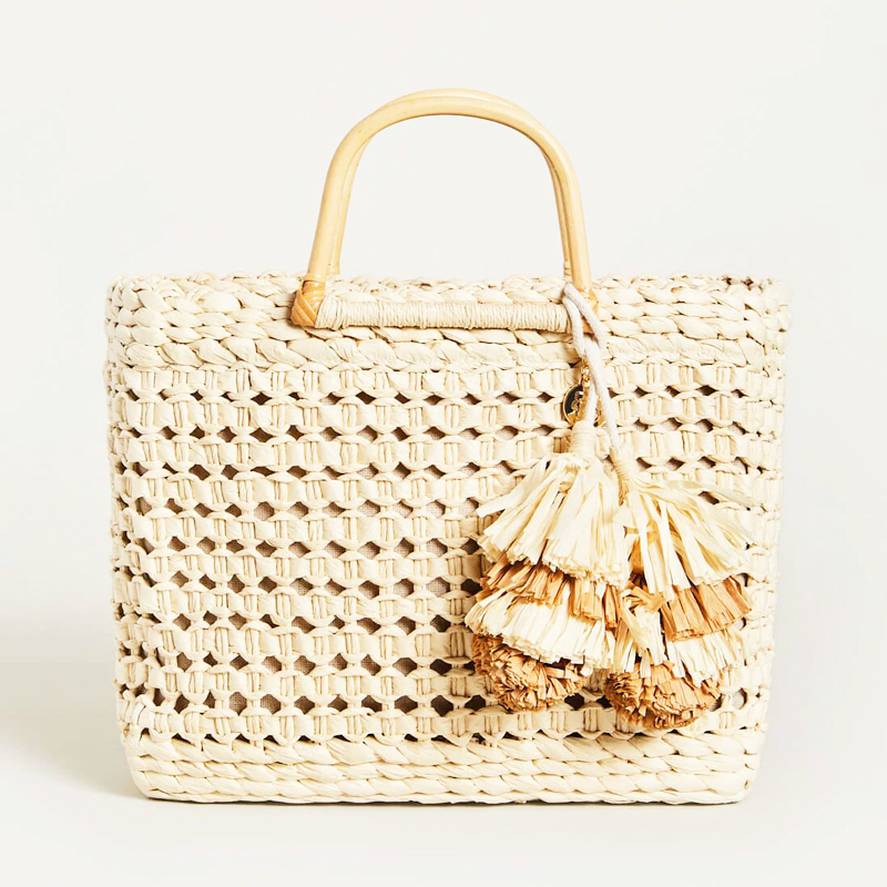 Wood Handle Straw Tote