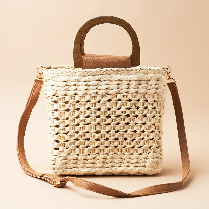 Wood Handle Straw Sling Bag