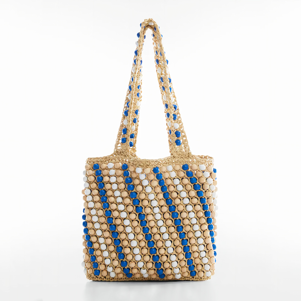 Raffia And Wood Beads Tote Bag 