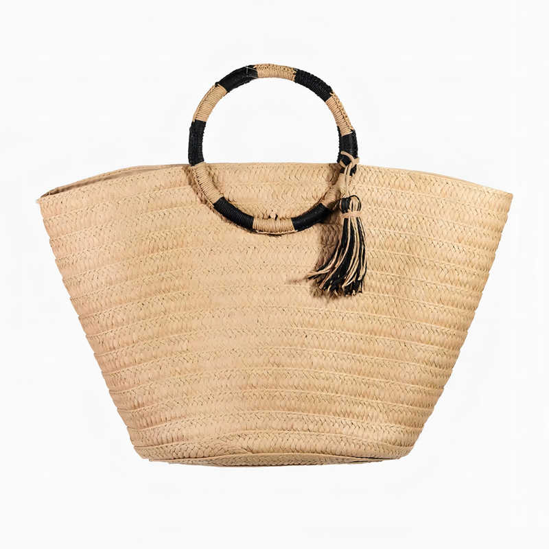 Handmade Straw Braided Round Handle Tote Bag