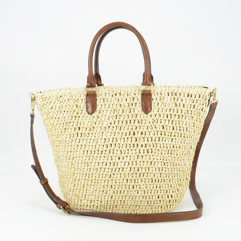 Straw Tote With Leather Strap
