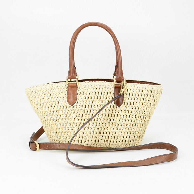 Straw Tote With Leather Strap - Small