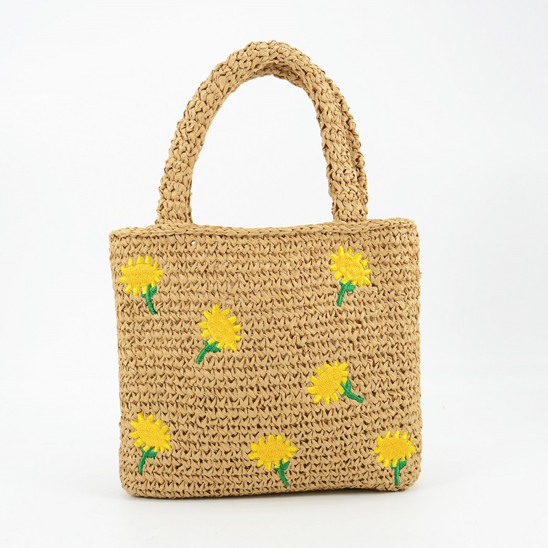 Embroidered Flowers Pattern Small Straw Tote