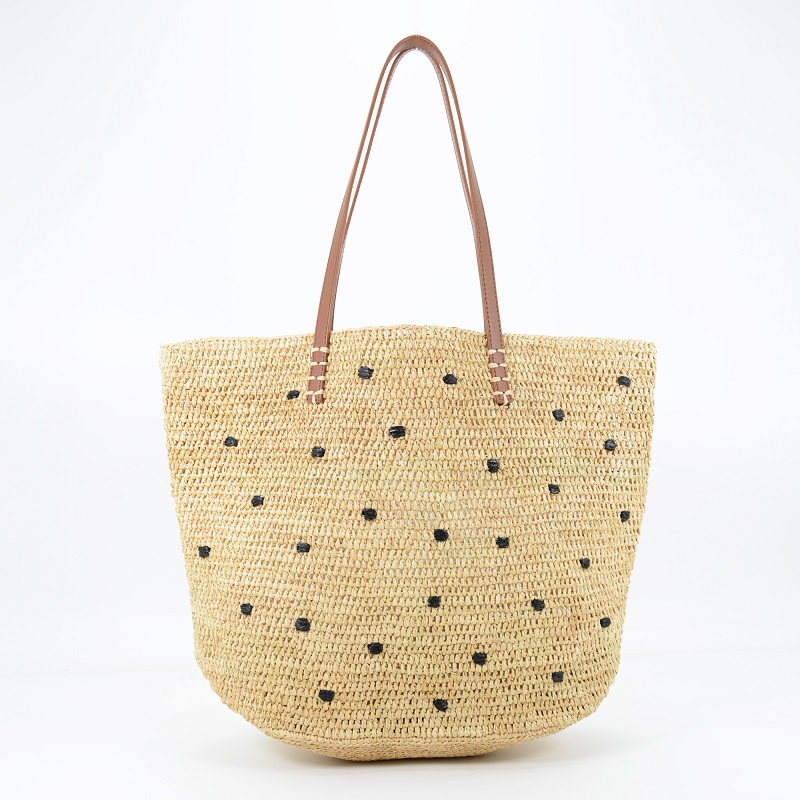 Raffia Florence Shoulder Bag with Black Dots