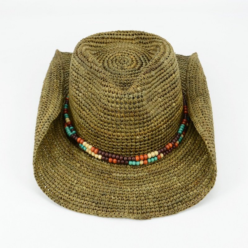 Raffia Cowgirl Hat with Wooden Beads Trimming
