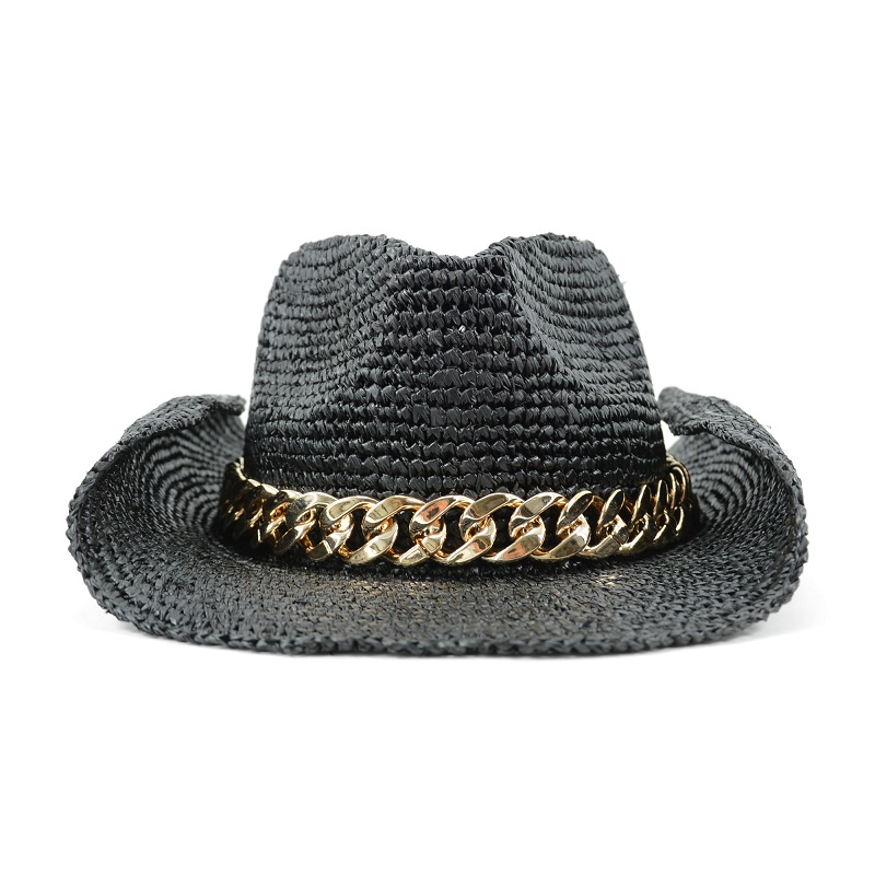 Black Raffia Cowboy Hat with Chain