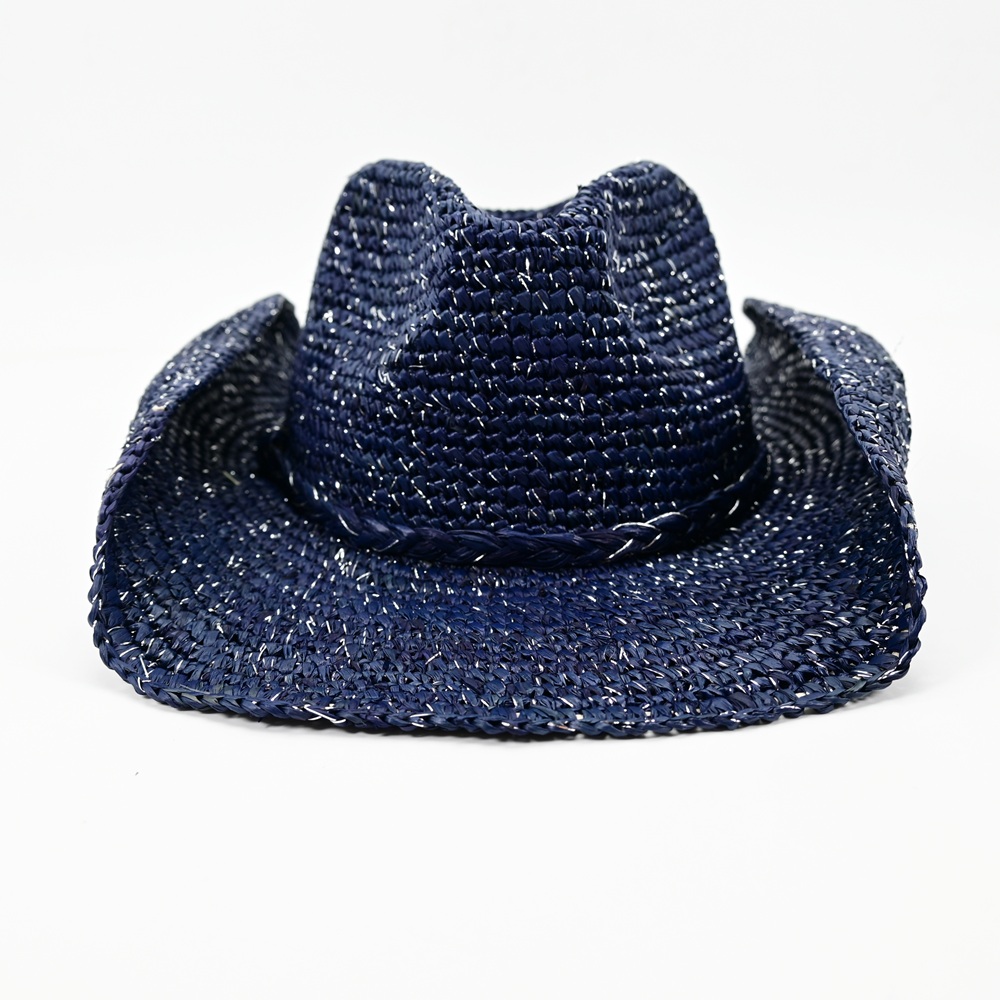 Navy Raffia Cowboy Hat with Silver Lurex 