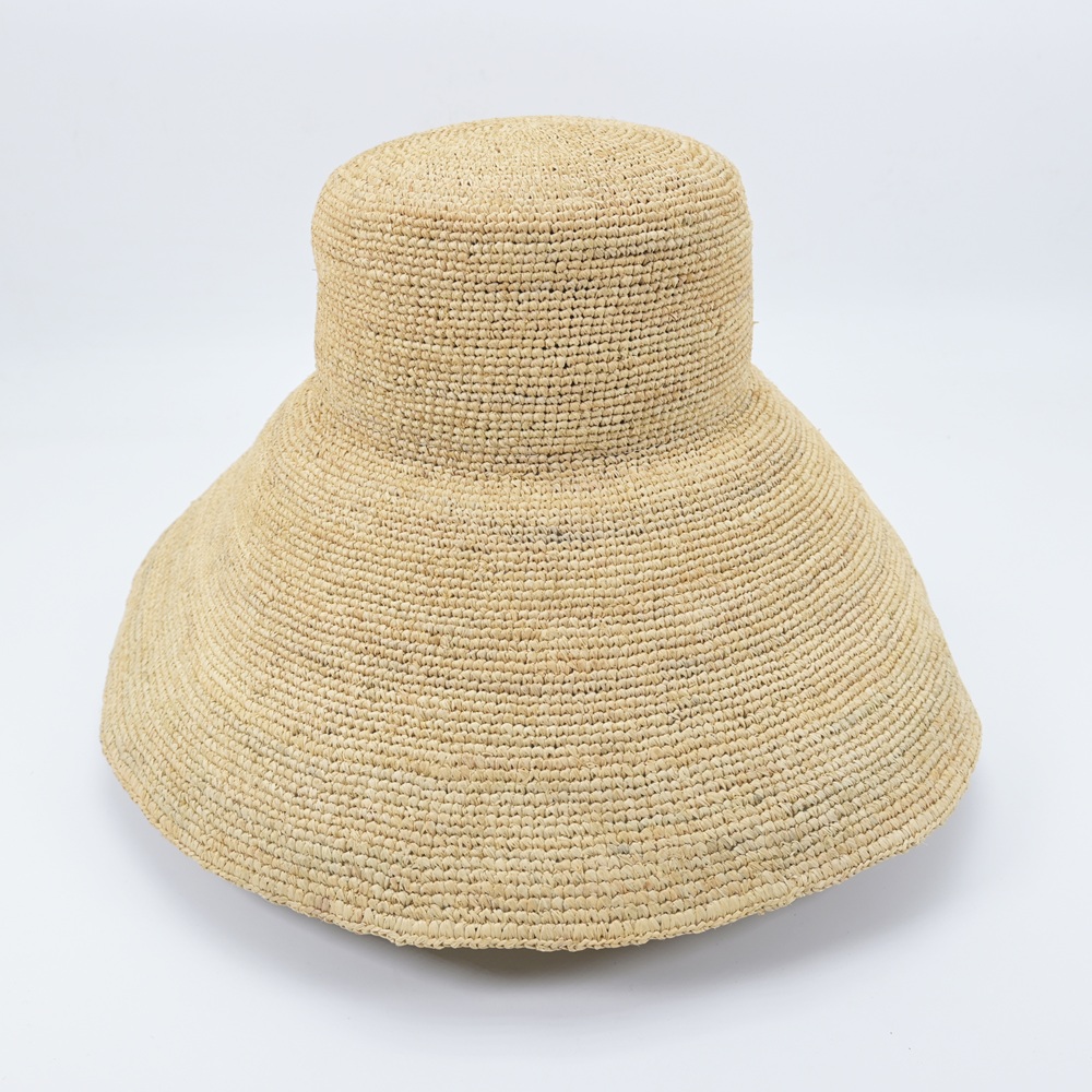 Wide Brim Raffia Bucket Hat-Natural