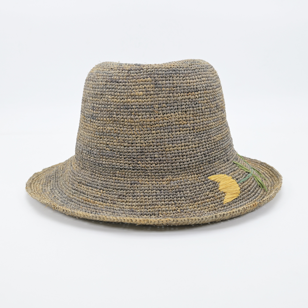 Grey Raffia Straw Bucket Hat with Embroidery
