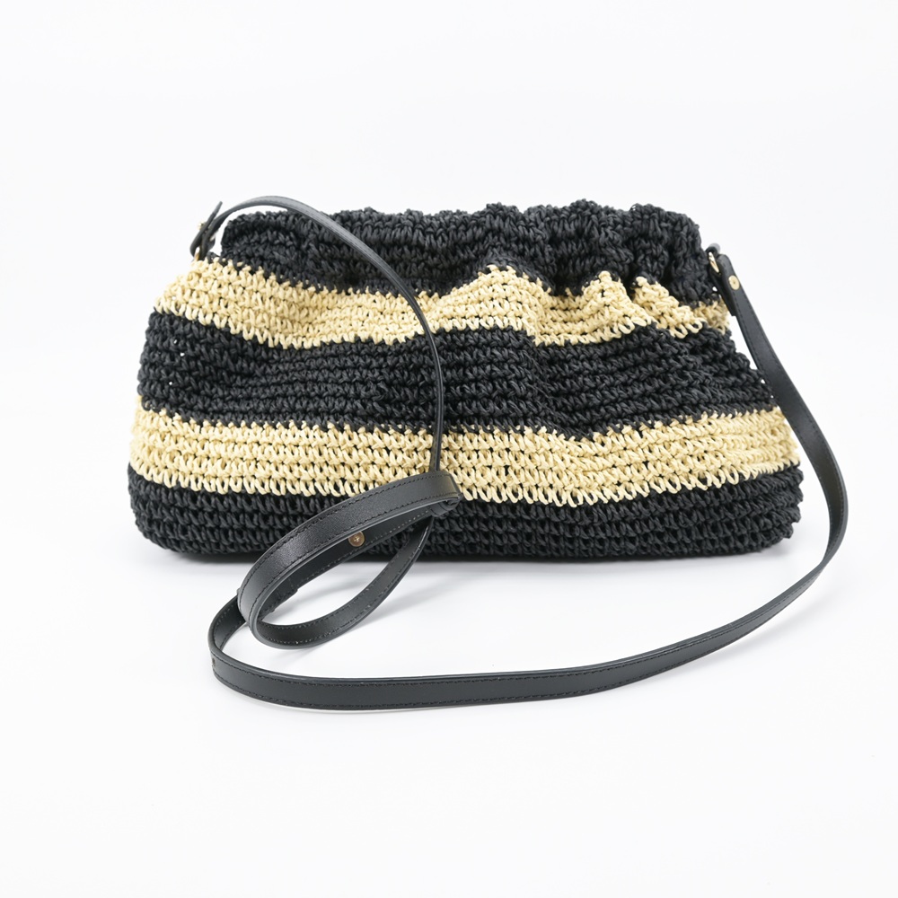 Paper Striped Straw Clutch with Leather Strap