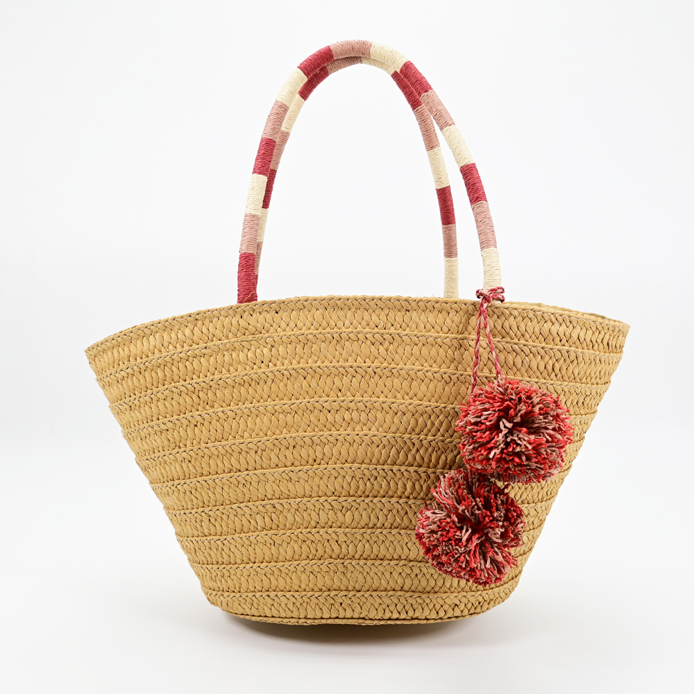 Straw Tote Bag with pom poms tassels