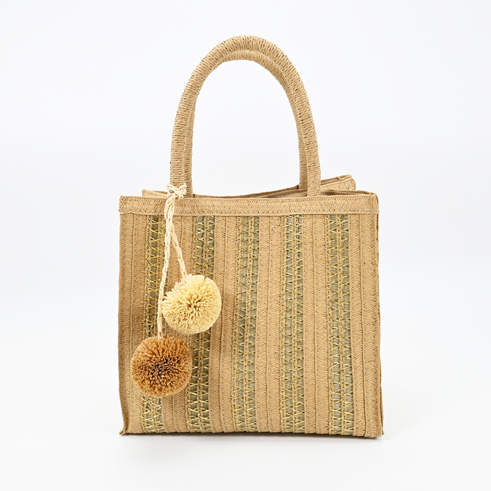 Metallic Straw Tote with Pom Poms