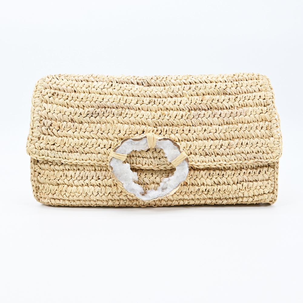 Raffia Clutch With Stone Trim