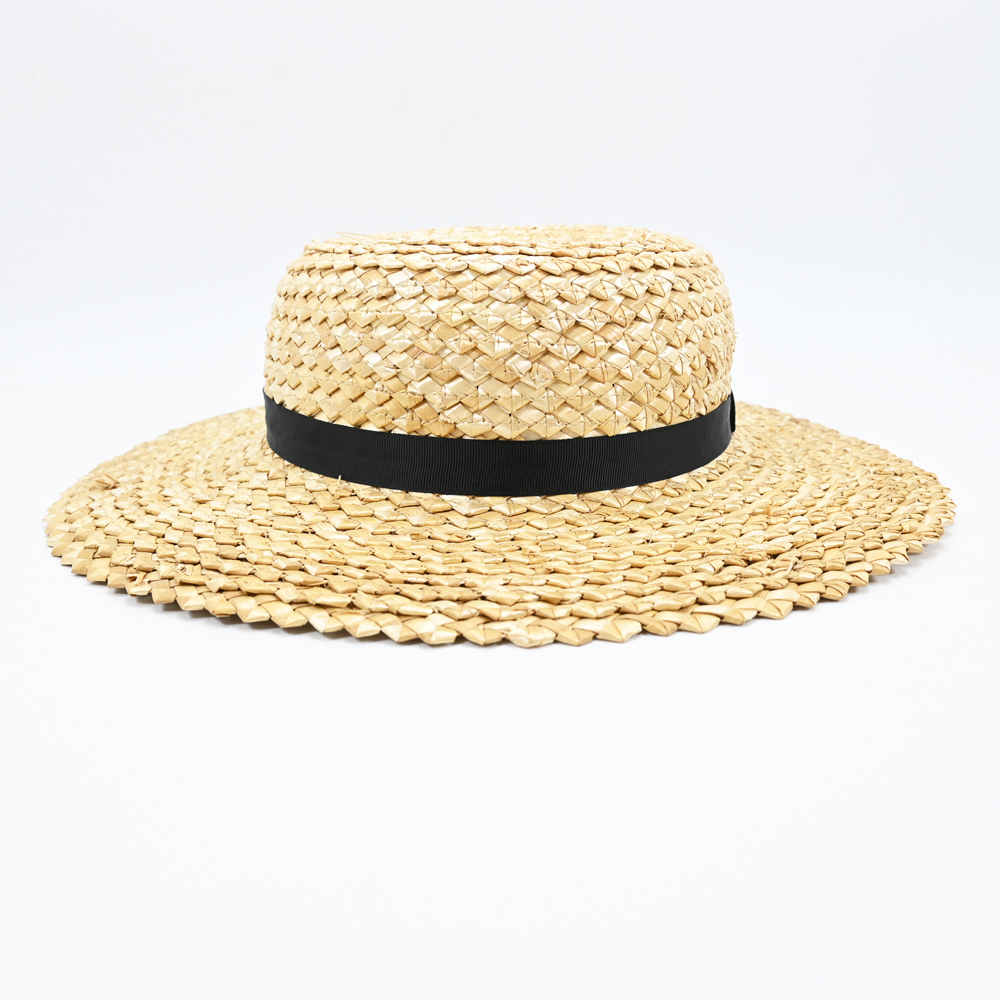 South Beach straw boater hat with black ribbon