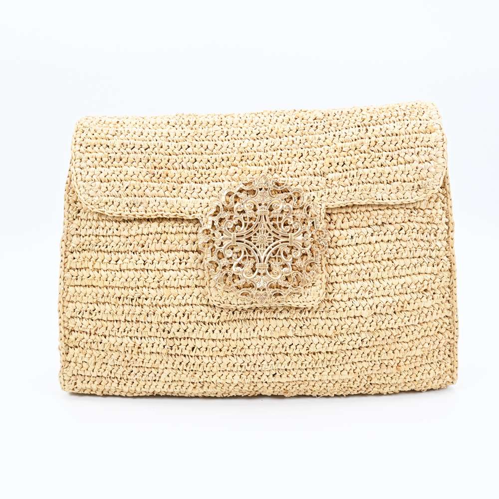 raffia straw clutch with metal trim