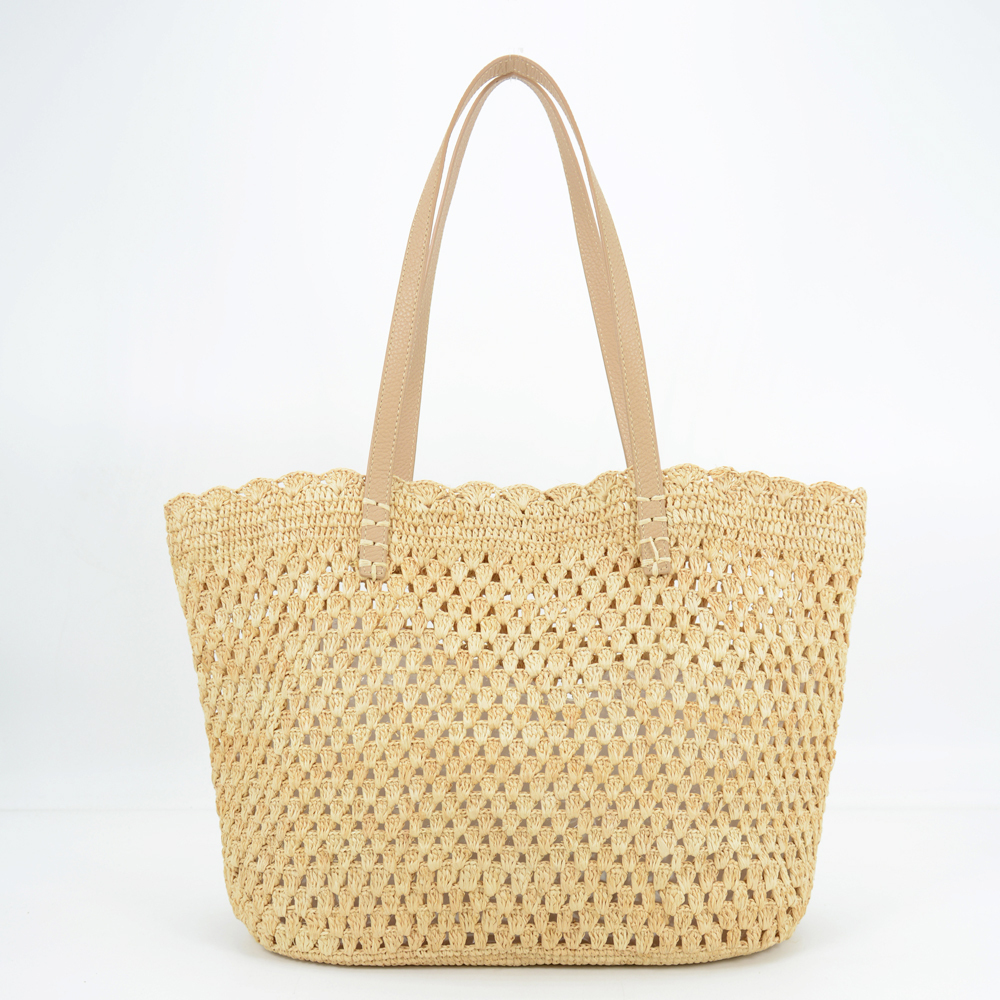 Raffia Tote Bag Leather Straps