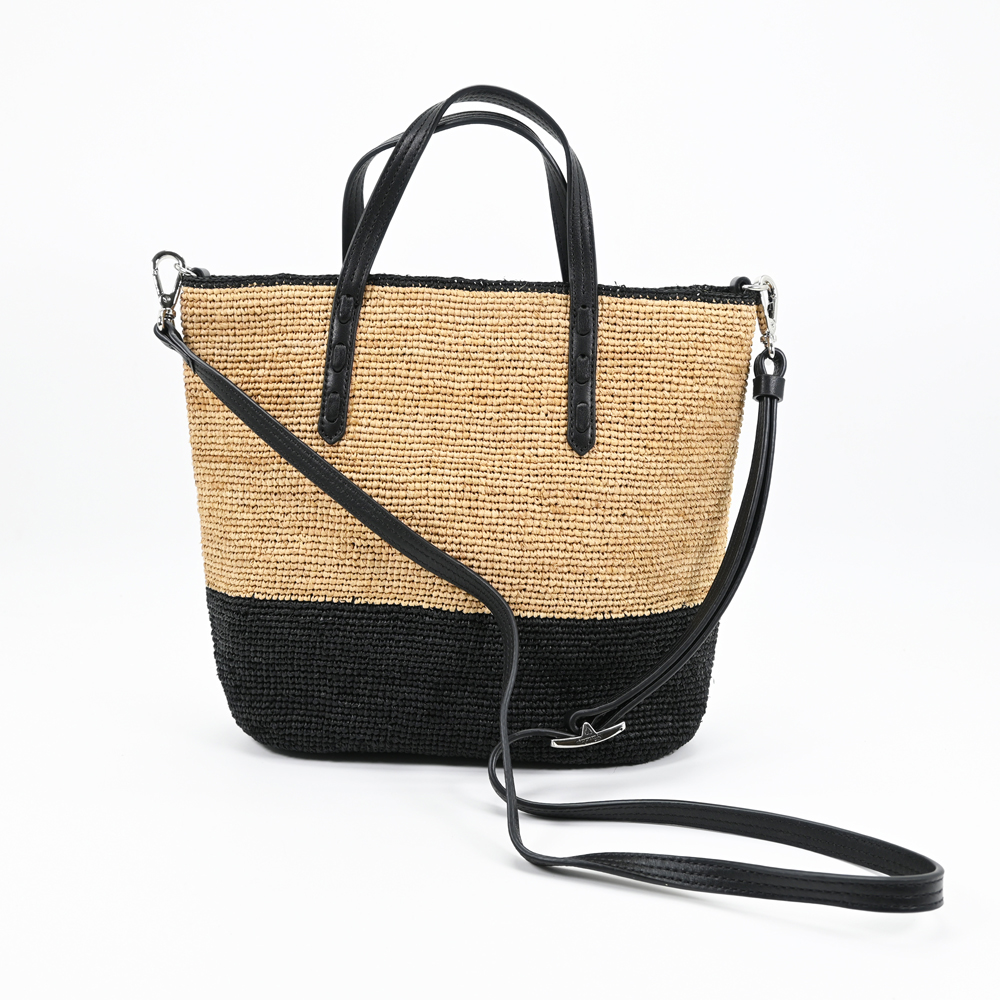 woven raffia tote with leather strap